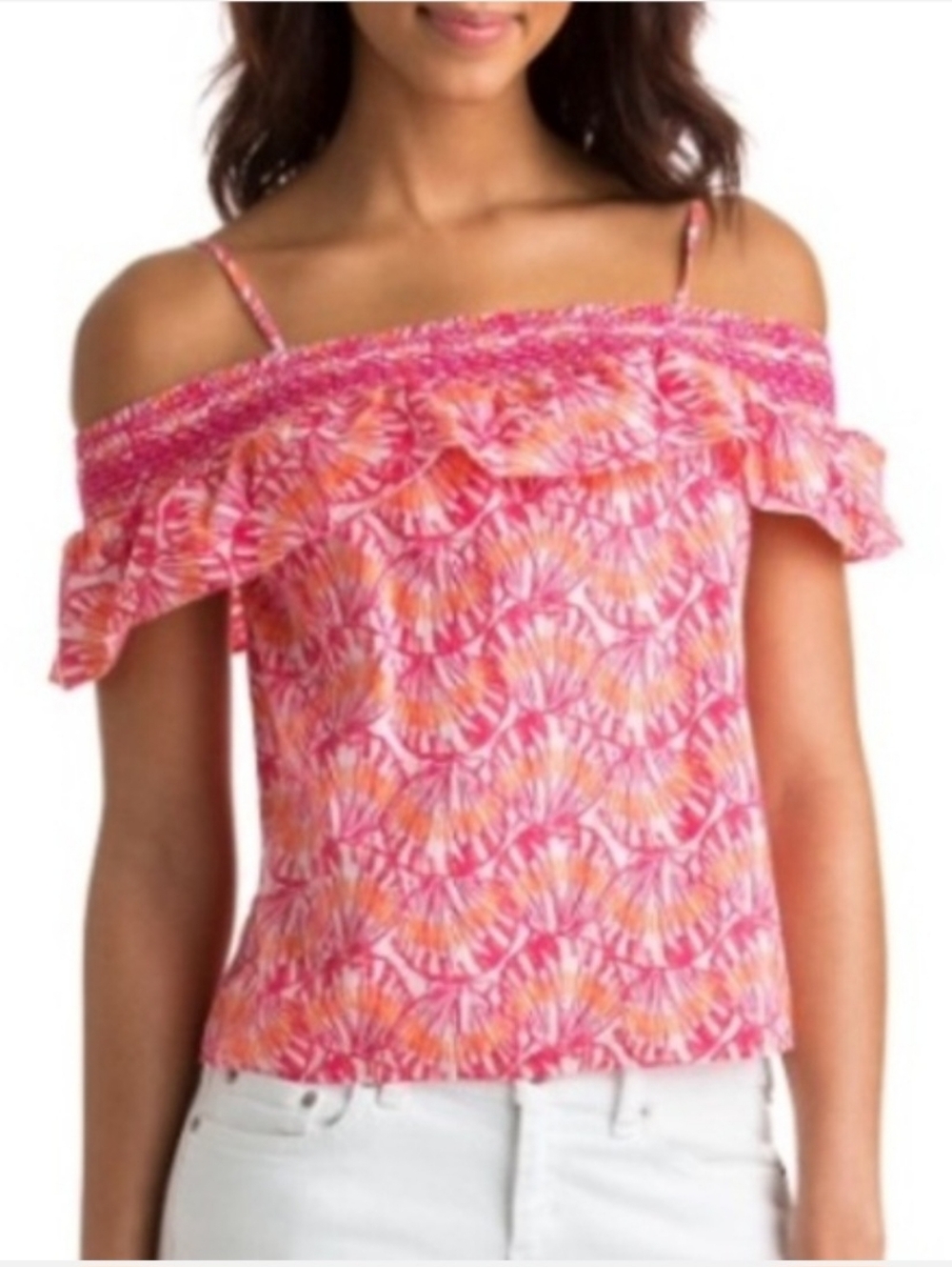 Vineyard Vines Pink & Orange Off-Shoulder Ruffle Top